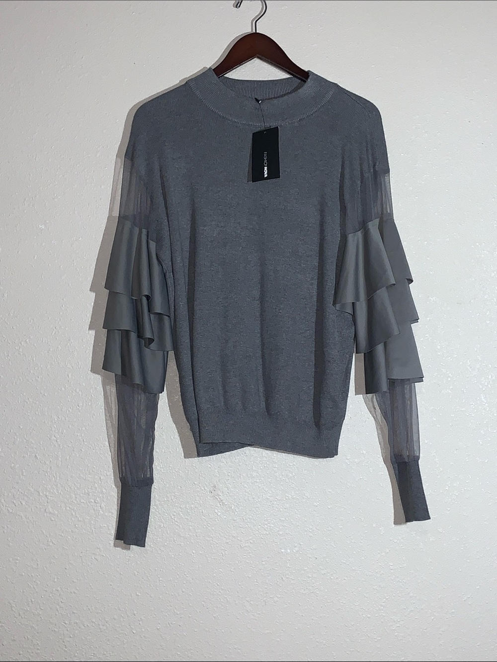 NWT Fashion Nova Grey Sheer Mesh Tiered Ruffle Sleeve Sweater Top
